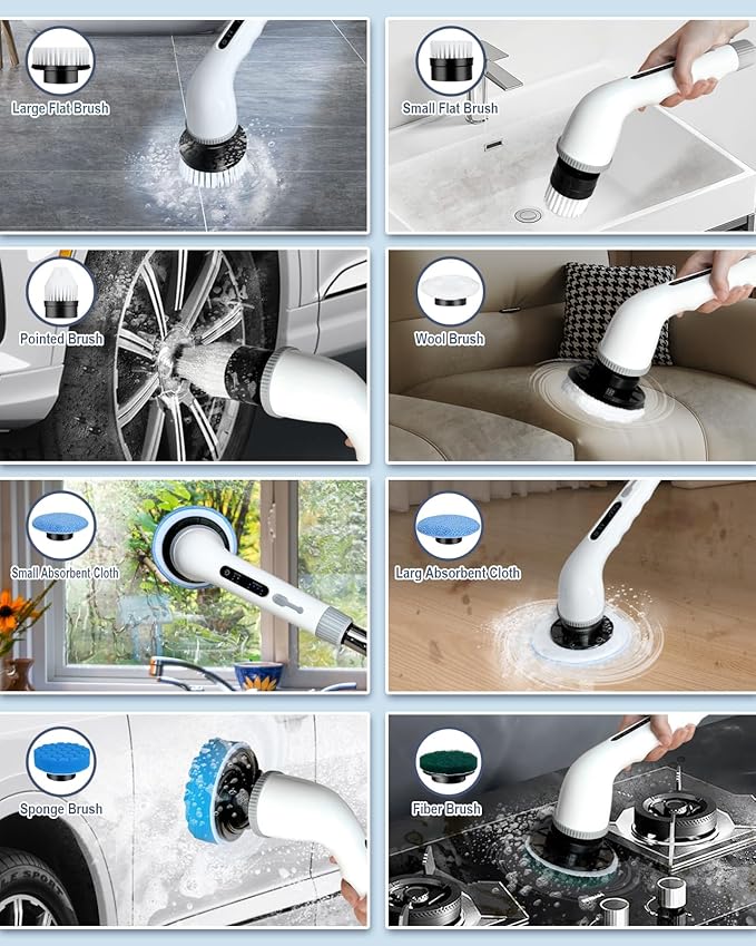 Electric Spin Scrubber, Shower Scrubber Cordless Cleaning Brush with 8 Replaceable Brush Heads and Squeegee，Adjustable Extension Handle 2 Speeds Electric Cleaning Brush for Bathroom, Tub, Tile，Kitchen