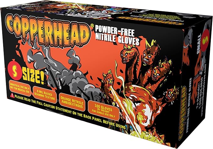 Copperhead HD Orange Nitrile Disposable Gloves, 8 Mil, Latex and Powder Free, Industrial, Food Safe, Raised Diamond Texture