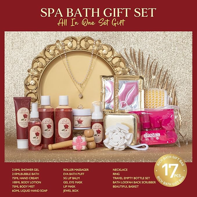 21Pcs Bath and Body Gift for Women, Vanilla Rose Bath and Body Basket Gift, XL Spa Gift Kit, Home Spa Self Care, travel accessories, Necklace, Birthday, Christmas, Mother, Bridal Shower, Anniversary