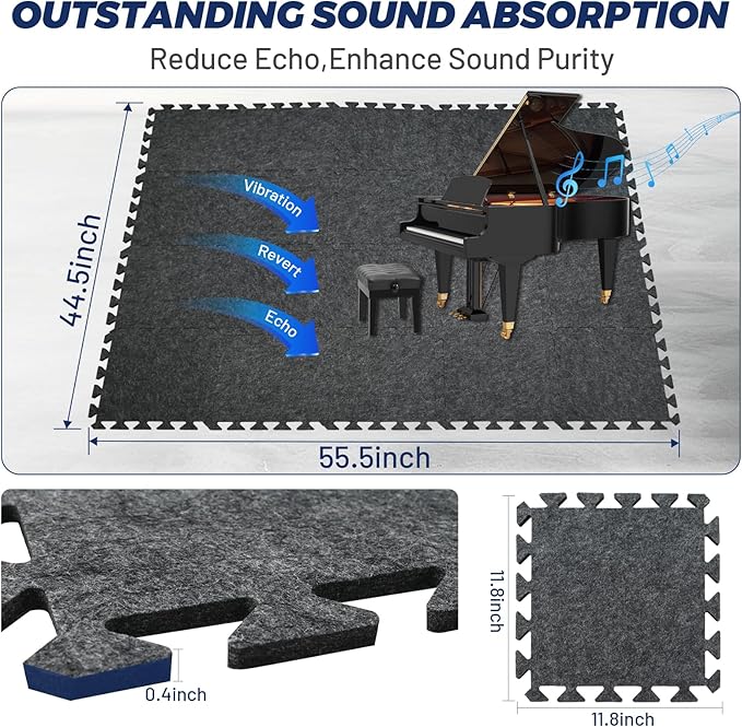 Focusound 20Pcs Sound Absorbing Interlocking Drum Rug, 11.8 x 11.8 x 0.4 inches High Density Soundproof Floor Mats, Non-Slip Anti Vibration Piano Carpet Drum Mat for Music Studio, Grey