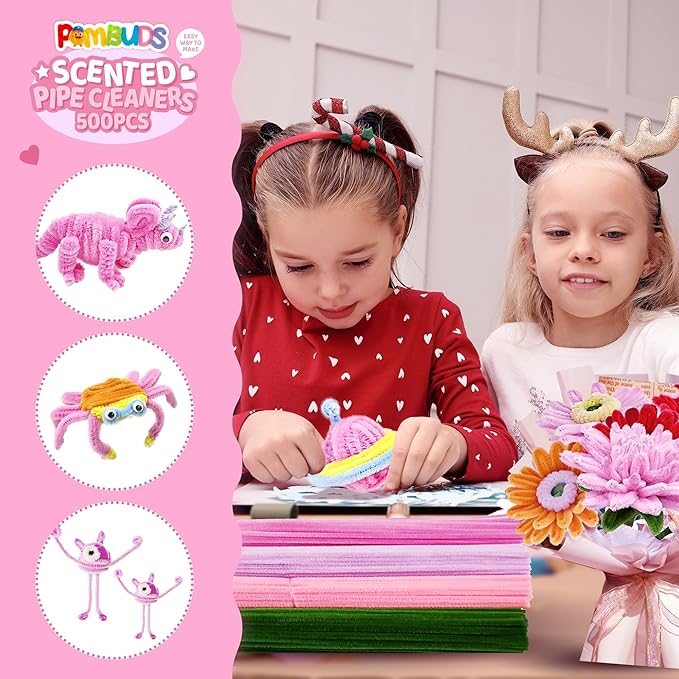 POMBUDS Lily Scented Pipe Cleaner Flower Craft Kit (Pink Theme) – 400 Chenille Stems, 20 Green Floral Stems, 2 Rolls Floral Tape, Yellow Stamens & Instruction Guide for DIY Bouquets and Decorations