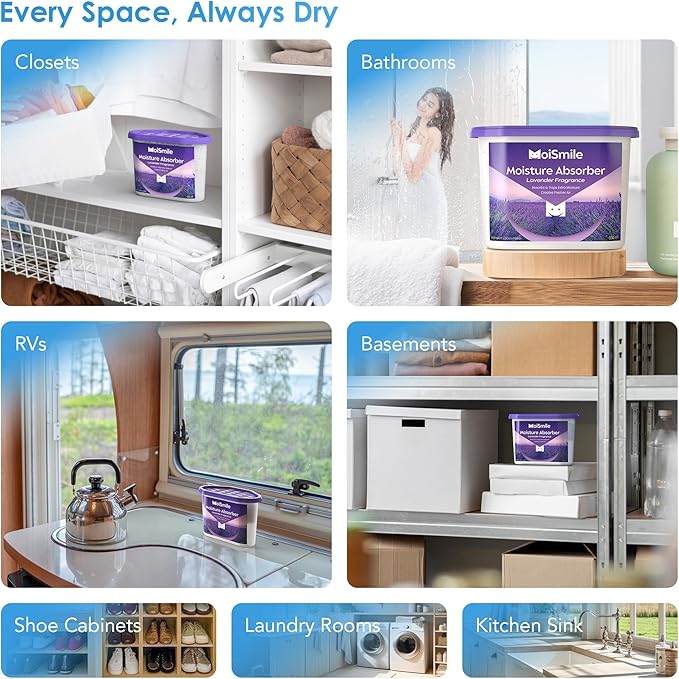 Moisture Absorbers 12 Packs, 10.8OZ Lavender Vanilla Efficient Humidity Absorber ＆ Odor Eliminator Boxes, Refillable Car Dehumidifier for Closet, Bathroom, Basement＆ RV