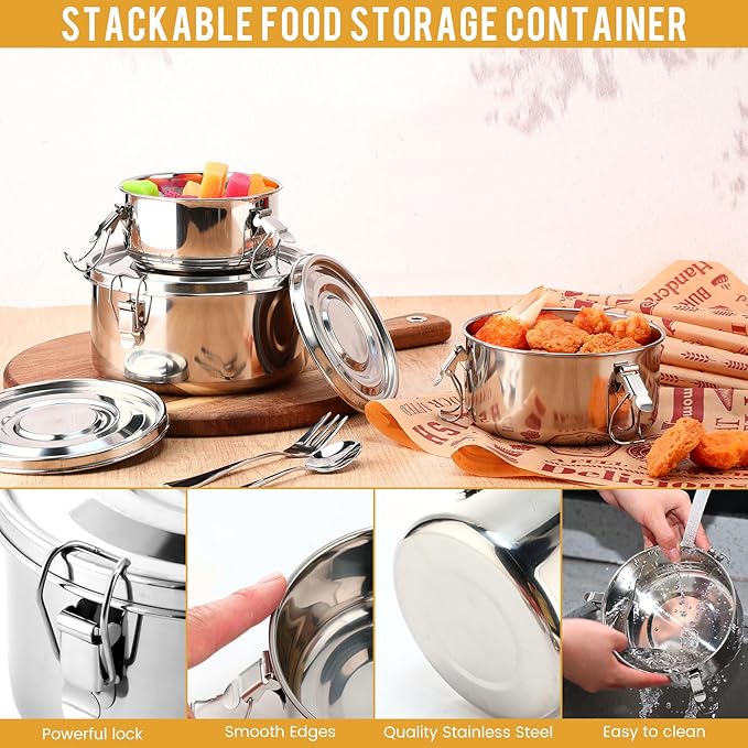 3 Pcs Stainless Steel Bento Box with Lockable Clips to Leak Proof Food Storage Containers Metal Lunch Container, Reusable Dishwasher Safe Lunch Snack Boxes(13 Oz, 22 Oz, 36 Oz)