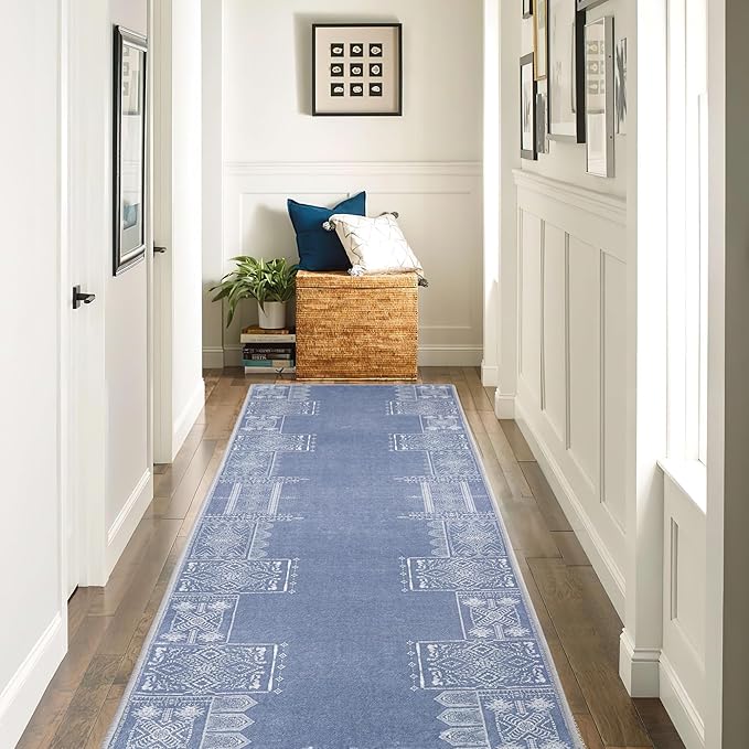 NICETOWN Blue Runner Rug for Hallway Non Slip - 2x6 Carpet Thin Washable Geometric Washable Rug Kitchen Throw Carpet for Kitchen Bedroom Laundry Room, Stone Blue