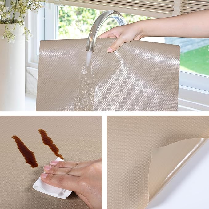 Beige Shelf Liners for Kitchen Cabinets Non Adhesive Drawer Liner for Bathroom Waterproof Refrigerator Liners for Shelves Fridge Plastic Mats Cabinet Cupboard Liner 17.5 x 78.7 Inches