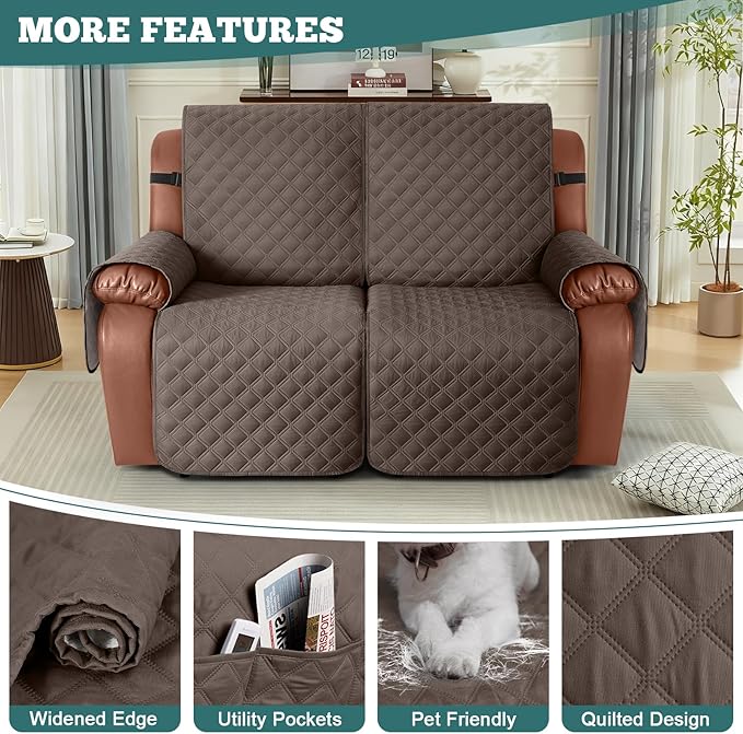 Ruaozz Waterproof Recliner Sofa Covers, 1-Piece Couch Covers for Reclining Couches Reclining Couch Cover Washable Furniture Protector with Elastic Straps Pocket for Kids Pets (Brown, XL 2 Seater)