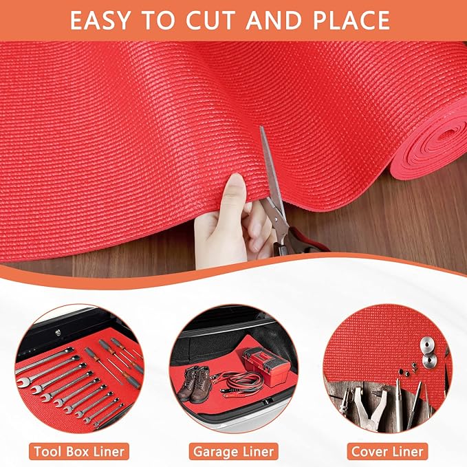 Foam Toolbox Liner Drawer Mat 1/8 Inch Thick X 16 Inch Wide X 16 Ft Long Red, No Slip for Protecting Cabinet, Garage, Cart, Tool Box