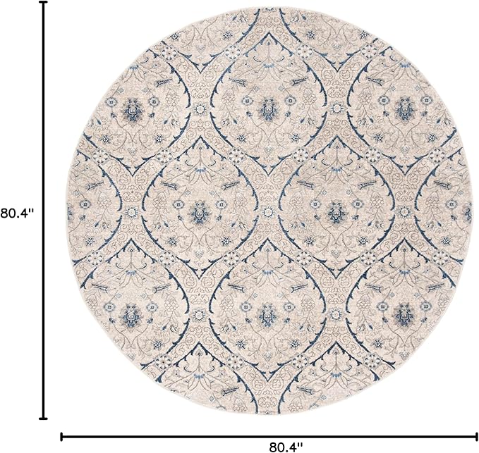 SAFAVIEH Brentwood Collection Area Rug - 6'7" Round, Light Grey & Blue, Floral Damask Ogee Trellis Design, Non-Shedding & Easy Care, Ideal for High Traffic Areas in Living Room, Bedroom (BNT860G)