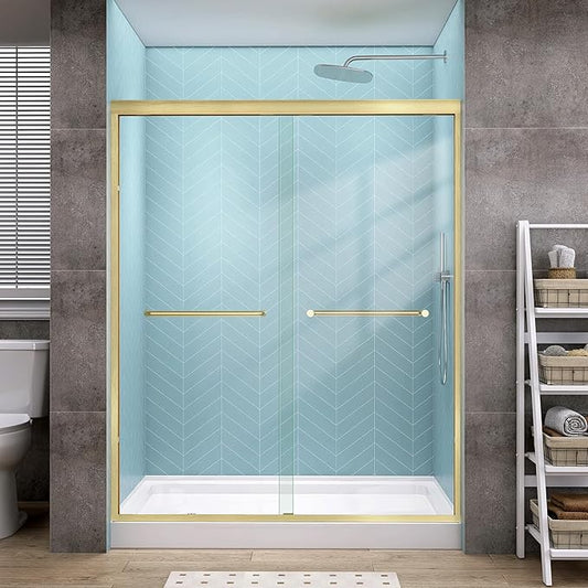 GETPRO Shower Door Double Sliding 56-60 in. W x 72 in. H Semi-Frameless Bypasss Bathroom Glass Shower Sliding Doors,1/4 inch Clear Tempered Glass Door for Walk-in Shower Brushed Gold