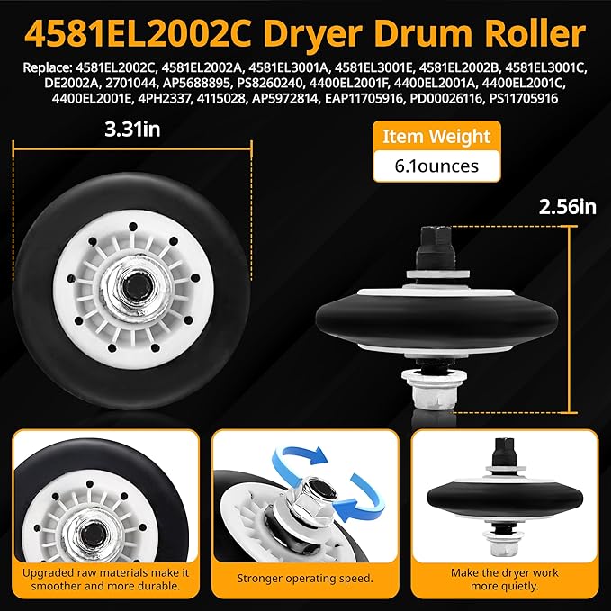 Dryer Roller Repair Kit For LG Kenmore Dryers 4581EL2002C Dryer Drum Roller 4581EL2002L,4581el3001e, 4400EL2001A Dryer Belt Upgraded 4561EL3002A Dryer Idler Pulley Ball bearing By WFRWFR