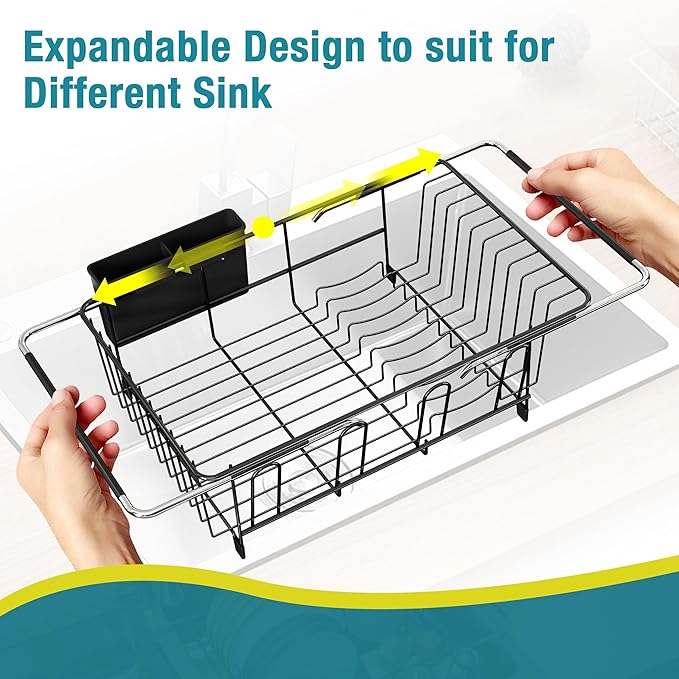 Dish Drying Rack Over the Sink In Stainless Steel Black Expandable Drainer for Small Kitchen, Counter Space Saving Compact Inside Sink Plate Dryer, Adjustable Hanging Metal Wire Strainer Drain Holder