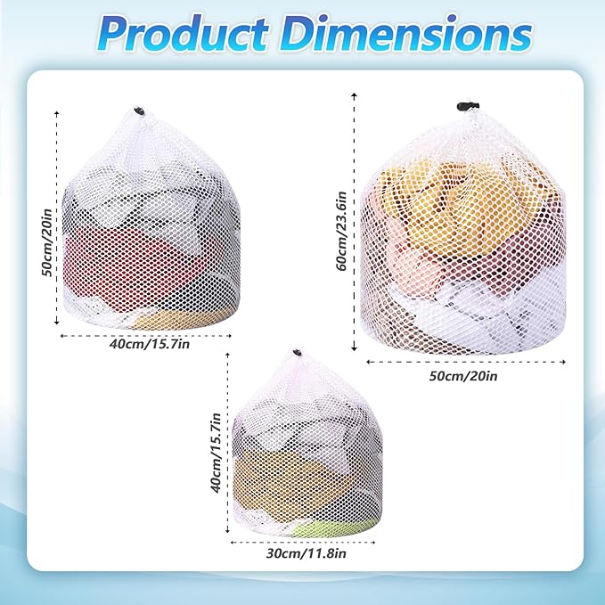 3Pcs Mesh Laundry Bags Sock Bag for Washing Machine S/M/L Washable Drawstring Laundry Net Bag for Socks Underwear Pants