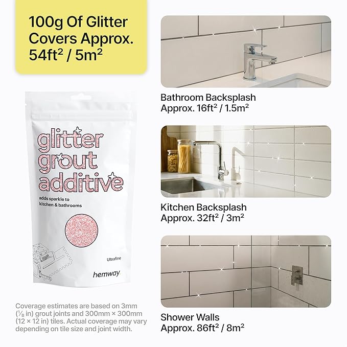 Hemway Glitter Grout Additive - Light Rose Gold - Ultra FINE 1/128" .008" 0.2mm - Grout Tile Additive Tiles Bathroom Wet Room Kitchen - 100g