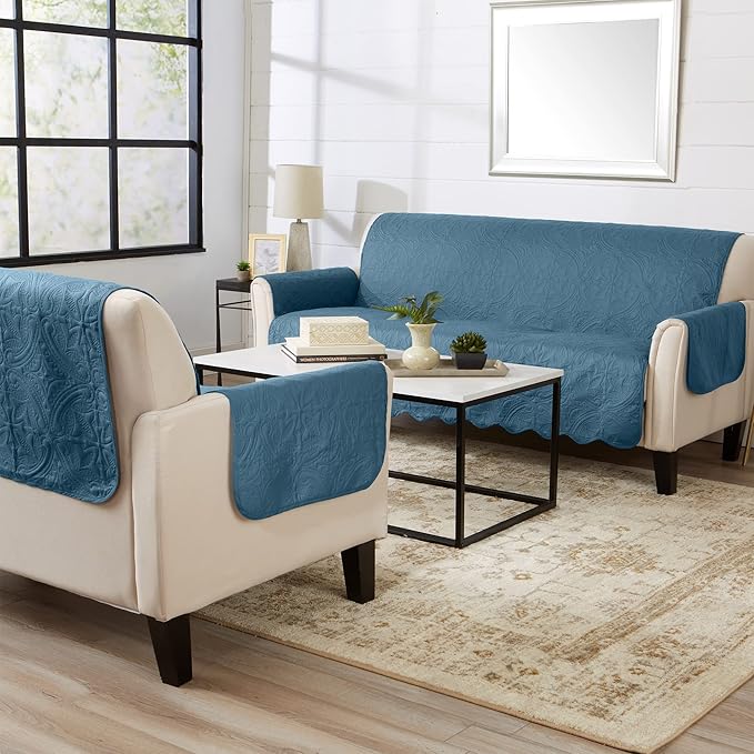 Reversible Recliner Chair Cover - Washable Slipcover Furniture Protector with Elastic Straps - Furniture Cover for Dogs, Kids, and Pets - Quilted & Stitched Detail (Recliner, Smoke Blue / Ivory)