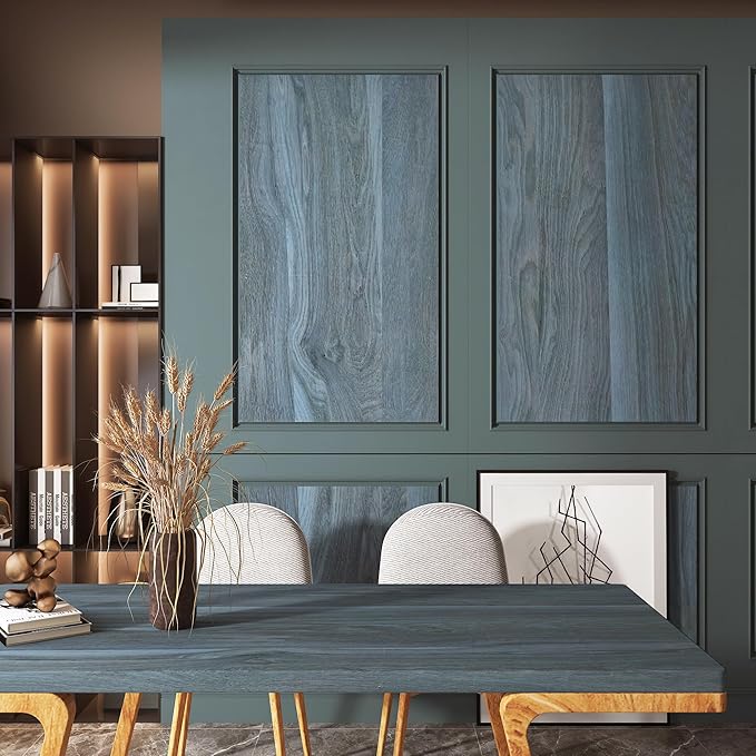 BOMENG Peacock Blue Wallpaper Stick and Peel Blue Wood Grain Contact Paper for Cabinets Wood Look Wallpaper with Air Guide Slot Design 16x118inch Wood Vinyl Wrap Waterproof Countertop Contact Paper