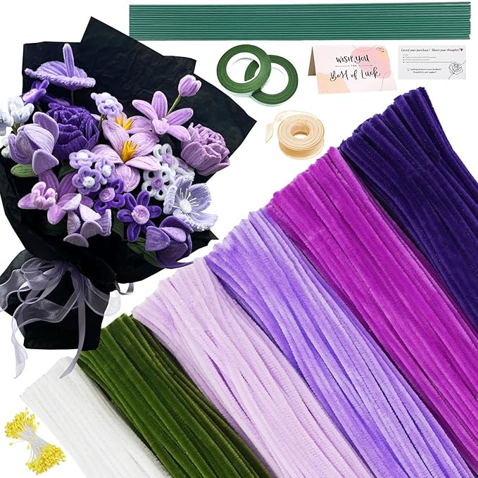 620 Pieces Purple Pipe Cleaners Craft Set, 600 Pcs Chenille Stems with 20 Pcs Flower Stems, Craft Supplies Bulk for DIY Art and Craft Projects Creative Gift Wrapping Party Decorations(Purple Series)