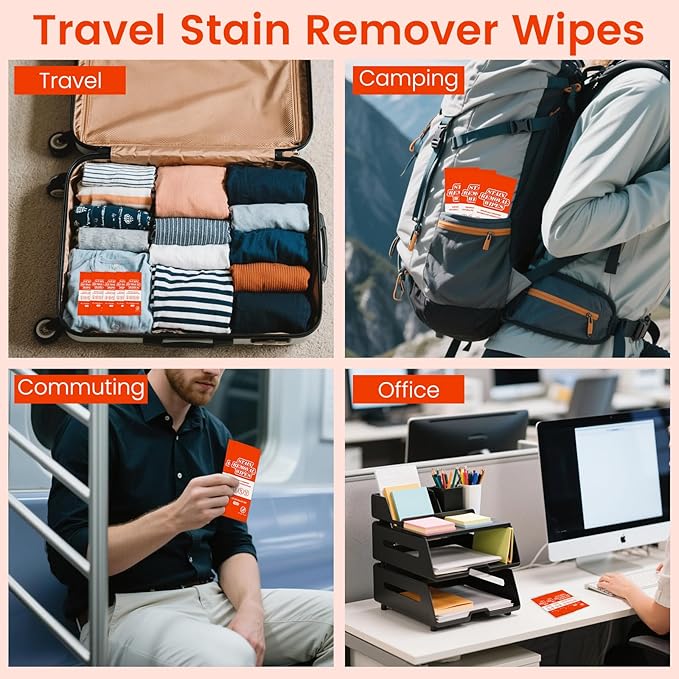 Stain Remover Wet Wipes Bulk, Individual Wrapped Stain Remover for Clothes Portable Travel Messy Eater Stain Removal Wipes Pocket Size for Clothing Fabric, Shoes, Wine, Fast Food (10 x 7.9 inch) (50)