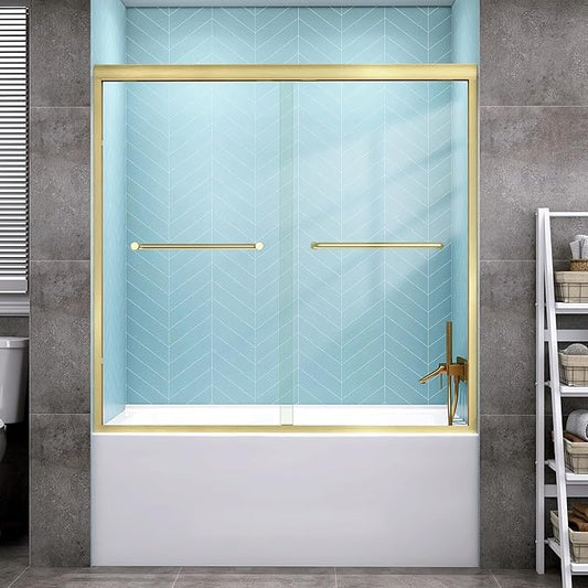 GETPRO Shower Door Double Sliding 56-60 in. W x 58 in. H Semi-Frameless Bypass Bathroom Tub Shower Glass Door,1/4 inch Clear Tempered Glass Bathtub Door Brushed Gold
