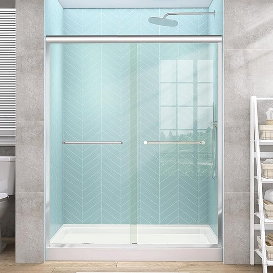 GETPRO Shower Door Double Sliding 56-60 in. W x 72 in. H Semi-Frameless Bypasss Bathroom Glass Shower Sliding Doors,1/4 inch Clear Tempered Glass Door for Walk-in Shower Chrome Finish