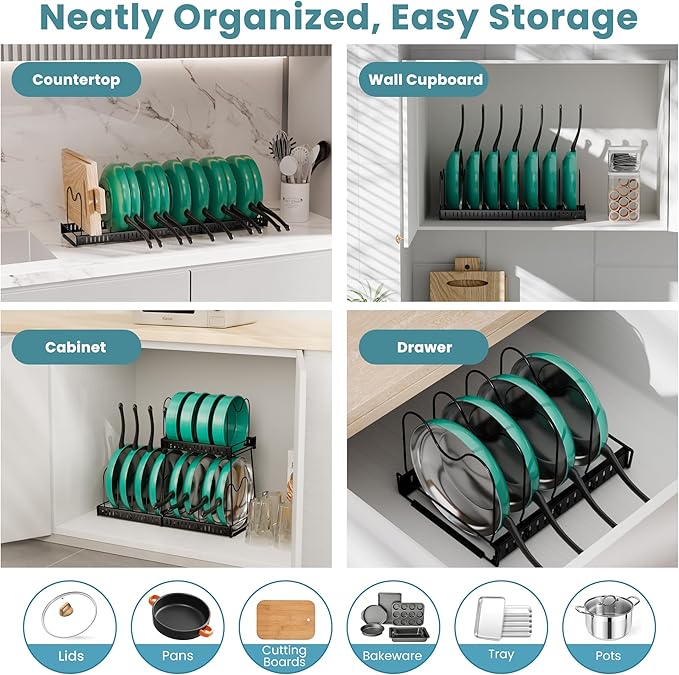 3-Pack Pots and Pans Organizer for Under Cabinet,2Tier 14 Dividers 3 DIY Method Expandable Easy Install, Kitchen Pot Pan Lid Rack Storage Holder Organizers Inside Cabinet, Black