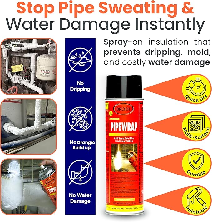PipeWrap Pipe Insulation Spray Foam for Hard-to-Reach Areas, Fittings & Valves, Anti-Sweat Pipe Coating Spray, Stops Condensation Buildup & Prevents Dripping (Pack of 3)