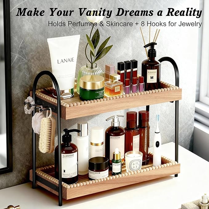 2-Tier Perfume & Makeup Organizer with 8 Jewelry Hooks, Eco-Coated Paulownia Wood Vanity Tray for Bathroom, Coffee Bar & Dresser - Large Storage Shelf for Skincare Bottles (Light Brown & Black)