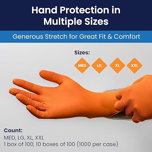 Adenna ProWorks CATCH Disposable Nitrile Gloves – 9 Mil, Heavy Duty Work Rubber Glove with Raised Pyramid Grip, Non–Latex & Powder Free, Pack of 90, 2X–Large, Orange