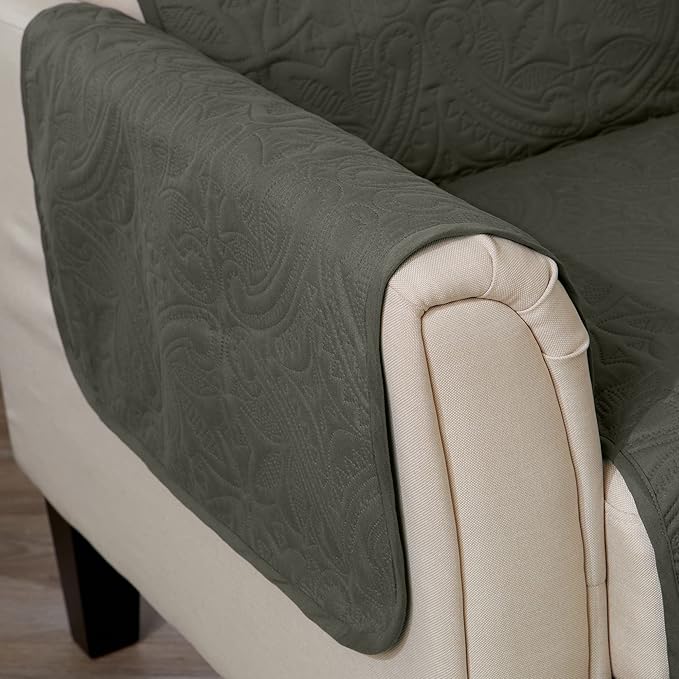 Reversible Recliner Chair Cover - Washable Slipcover Furniture Protector with Elastic Straps - Furniture Cover for Dogs, Kids, and Pets - Quilted & Stitched Detail (Recliner, Sage Green / Light Gray)