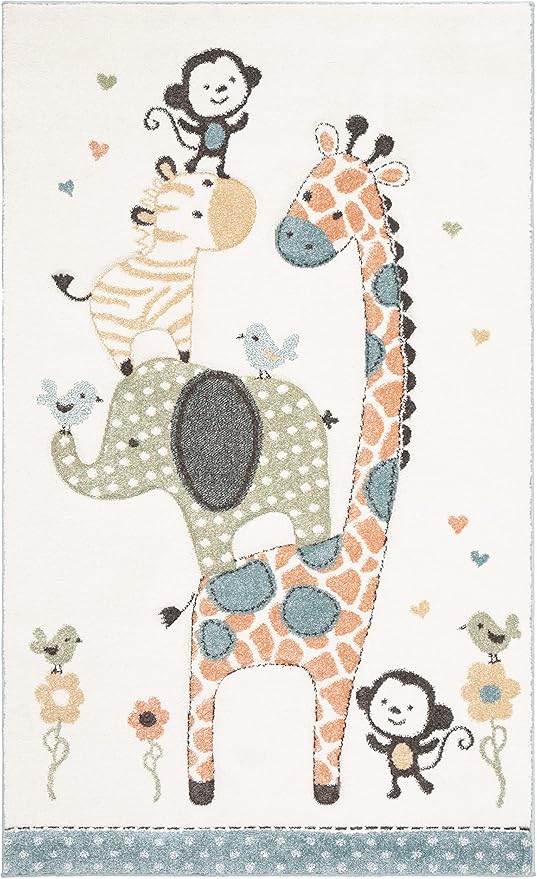SAFAVIEH Carousel Kids Collection Accent Rug - 3'3" x 5'3", Ivory, Animal Design, Non-Shedding & Easy Care, Ideal for High Traffic Areas for Boys & Girls in Playroom, Nursery, Bedroom (CRK120A)