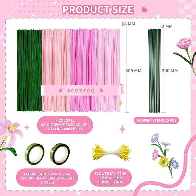 POMBUDS Lily Scented Pipe Cleaner Flower Craft Kit (Pink Theme) – 400 Chenille Stems, 20 Green Floral Stems, 2 Rolls Floral Tape, Yellow Stamens & Instruction Guide for DIY Bouquets and Decorations