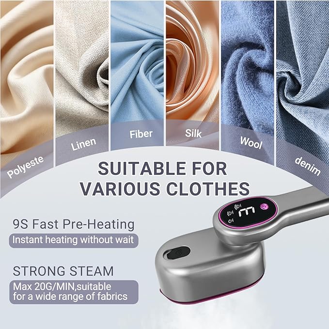 Travel Steamer for Clothes, 1200W Portable Handheld Garment Steamer with Touch Screen, Large Ceramic Panel, 15-Second Fast Heat-Up with 5 Modes, Ironing for Home and Travel