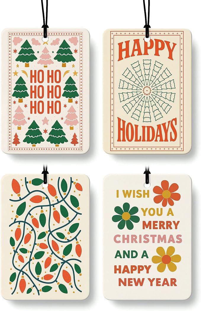 Retro Boho Christmas Car Air Freshener 4 Pcs, Hohoho Xmas Tree Lights Holiday Hanging Air Freshener for Cars Closet Drawer Books, Christmas Car Accessories Mirror Decor for Women Girls