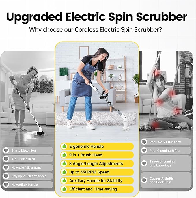 Electric Spin Scrubber, Cordless Cleaning Brush Shower Scrubber Up to 550 RPM with 9 Replaceable Brush Heads, Bathroom Scrubber Adjustable Extension Handle for Cleaning Bathroom Kitchen(Grey)