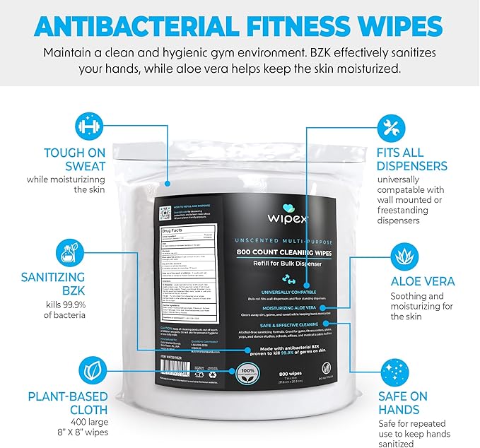 Wipex Gym Wipes Bundle: (1) Premium Black Wipe Dispenser with Trash Bin - Durable Stainless Steel and (1) 800ct Sanitizing Fitness Wipes Refill Roll - Suitable Use for Schools, Gyms, and Public Venues