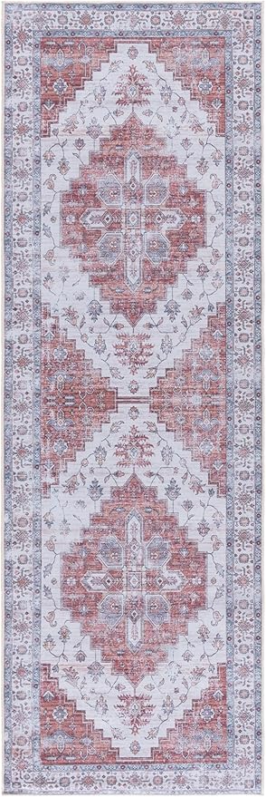 SAFAVIEH Washable Rug Tucson Collection - 2'6' x 8' Runner, Ivory & Rust, Slip Resistant & Easy to Clean, Ideal for Hallway, Foyer, Entryway, Bedroom (TSN109A)