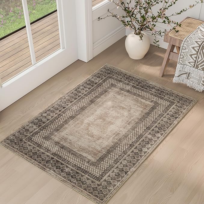 NICETOWN 2x3 Area Rug Washable Non Slip Brown Oriental Carpet for Entryway Kitchen, Stain Resistant Foldable Small Throw Rug Pet & Kids Friendly for Bathroom