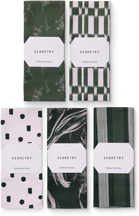 GEOMETRY Kitchen Tea Towels - Quick Dry Microfiber Dish Towels for Kitchen - Meadow 18" x 30" - 5 Pack