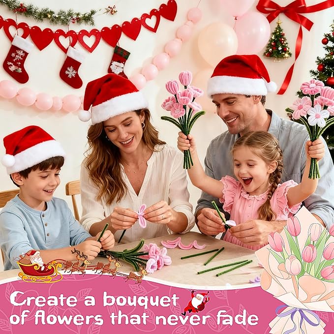 500PCS Pipe Cleaners Craft for Flower - 5 Assorted Colors Chenille Stems Pipe Cleaners Bulk 25sturdy floral stems, 200Stamens, Ribbon, Glue Sticks & Pearls for DIY Bouquets & Home Decor(Pink)