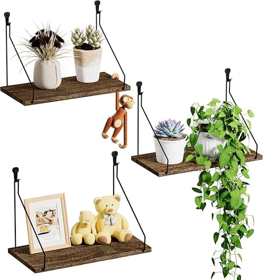 Elevate Your Space with Rustic Wood Floating Shelves Set of 3- Perfect for Bedroom, Living Room, Bathroom, and Kitchen Decor - Easy Installation, No Drilling Needed! Brown
