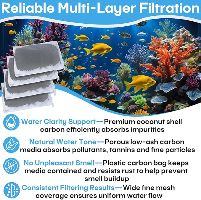 4-Pack Activated Carbon Inserts Replacement for AquaClear 70 Aquarium Filter（155-gram / Bags）,Carbon Media Fit for Fluval AquaClear up to 70 Gallons，Low-Ash Charcoal Fit Fish Tank Filter A1386，White