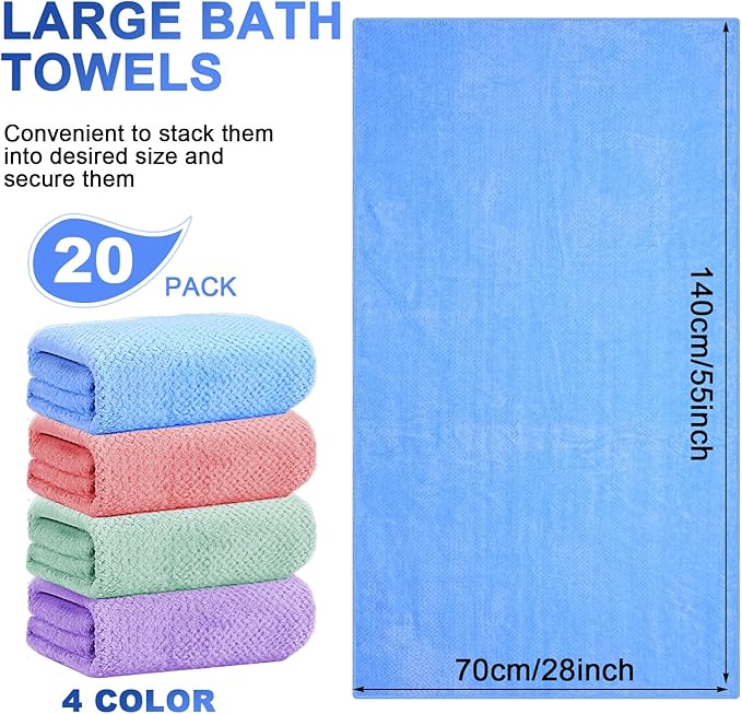Newwiee 20 Pack Bulk Bath Towels Set, Large Quick Dry Bath Towels 55" x 28" for Spa, Gym, Salon, Hotel and Rental Use(Pink, Green, Blue, Purple)