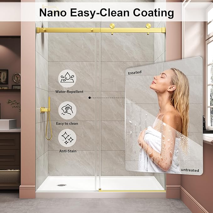 Frameless Shower Door,Single Sliding Glass Shower Door with Nano Coating & Safety Film, Adjustable 43"-48" W x 72" H, Brushed Gold,1/4" (6mm) SGCC Tempered Glass