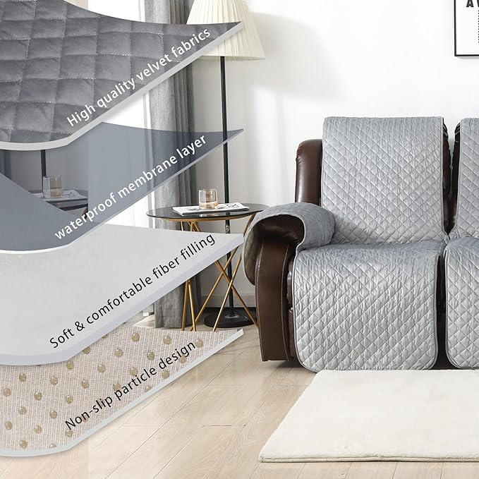 LUFEIJIASHI Non Slip Recliner Sofa Covers,Velvet Waterproof Recliner Couch Covers for 3 seat,Washable Reclining Couch Cover Furniture Protector for Dogs,Pets (Grey, 3 Seater)