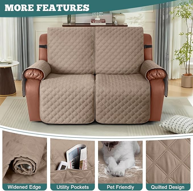 Ruaozz Waterproof Recliner Sofa Covers, 1-Piece Couch Covers for Reclining Couches Reclining Couch Cover Washable Furniture Protector with Elastic Straps Pocket for Kids Pets (Light Brown, 2 Seater)