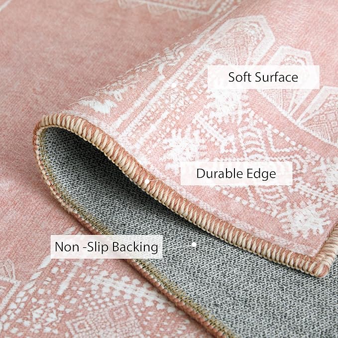 NICETOWN 8x10 Large Washable Pink Area Rug - Boho Non-Slip Folable Rug Stain Resistant Oriental Medallion Living Room Carpet for Girls Room Kitchen Laundry Bathroom Bedroom, Light Pink