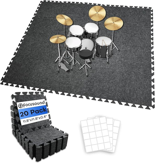 Focusound 20Pcs Sound Absorbing Interlocking Drum Rug, 11.8 x 11.8 x 0.4 inches High Density Soundproof Floor Mats, Non-Slip Anti Vibration Piano Carpet Drum Mat for Music Studio, Grey