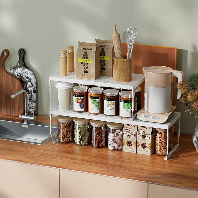 Adjustable Stackable Metal Storage Shelf Organizer - Expandable Wire Rack with Perforations for Kitchen, Pantry, Bathroom, Cabinet & Office-Compact, Durable & Sturdy (2PACKS/Large/White)