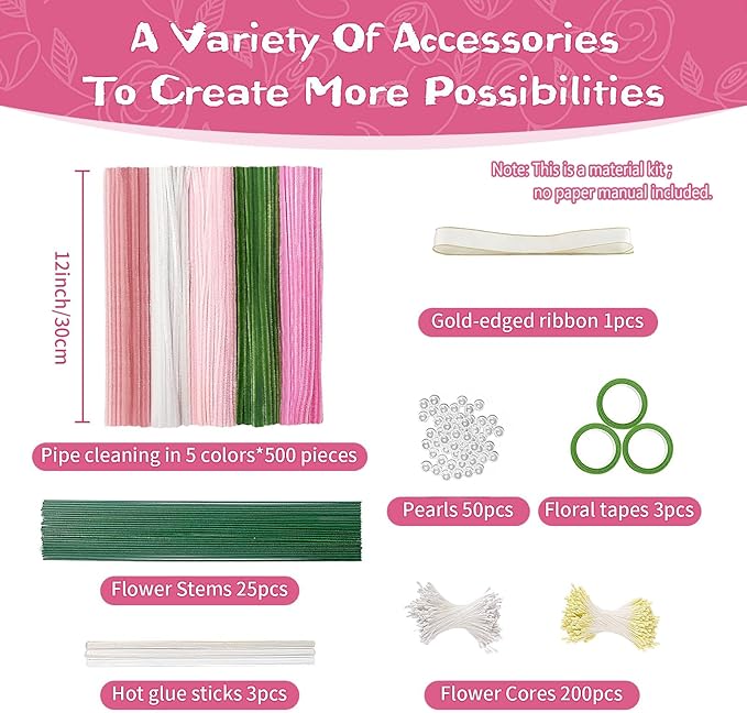 500PCS Pipe Cleaners Craft for Flower - 5 Assorted Colors Chenille Stems Pipe Cleaners Bulk 25sturdy floral stems, 200Stamens, Ribbon, Glue Sticks & Pearls for DIY Bouquets & Home Decor(Pink)