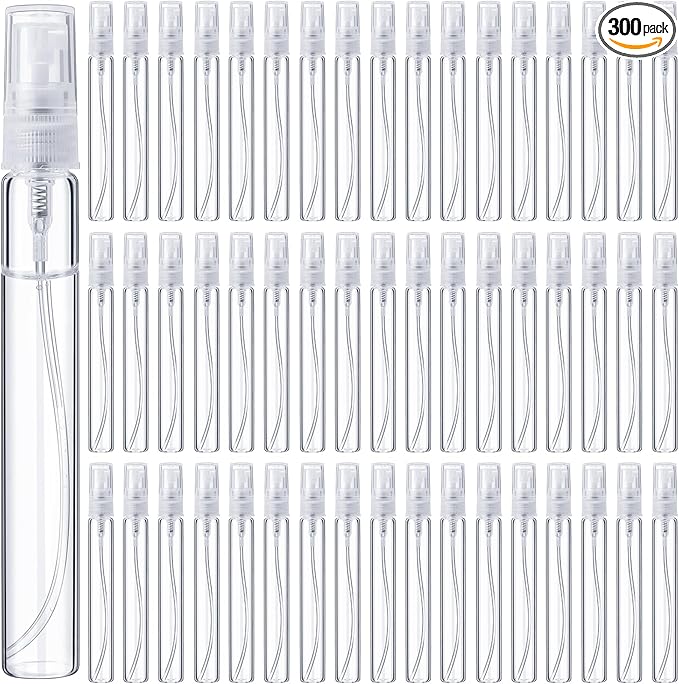 Tanlade 300 Pcs 10ml Mini Spray Bottles Refillable Clear Glass Travel Perfume Atomizer Mouthwash Bottle Cologne Small Sample Containers for Essential Oils, Retailers