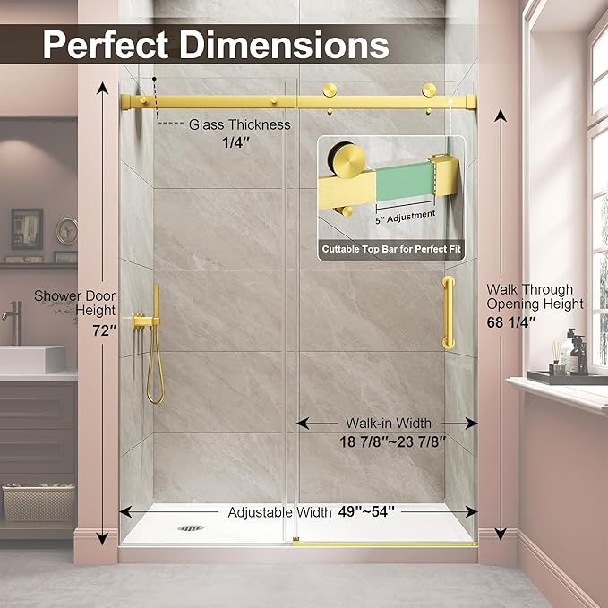 Frameless Shower Door,Single Sliding Glass Shower Door with Nano Coating & Safety Film, Adjustable 49"-54" W x 72" H, Brushed Gold,1/4" (6mm) SGCC Tempered Glass